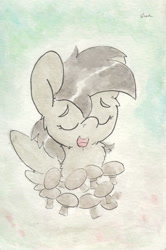 Size: 688x1036 | Tagged: safe, artist:slightlyshade, derpibooru import, daring do, eyes closed, mushroom, open mouth, solo, traditional art