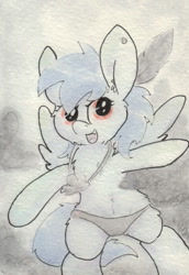 Size: 683x990 | Tagged: safe, artist:slightlyshade, derpibooru import, nightshade, pegasus, pony, bipedal, clothes, ear piercing, earring, female, gray underwear, jewelry, mare, open mouth, panties, piercing, shadowbolts, solo, traditional art, underwear