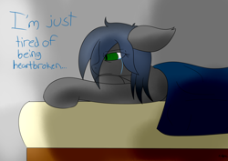 Size: 2818x2000 | Tagged: safe, artist:eclipsepenumbra, derpibooru import, oc, oc only, oc:eclipse penumbra, bat pony, pony, bags under eyes, bed, blanket, crying, depressed, green eyes, heartbreak, lying down, sad, solo