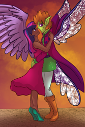 Size: 1200x1800 | Tagged: safe, artist:percy-mcmurphy, thorax, twilight sparkle, twilight sparkle (alicorn), alicorn, changedling, changeling, human, clothes, couple, crack shipping, dark skin, dress, elf ears, female, hug, humanized, king thorax, looking at each other, male, shipping, straight, twirax, winged humanization, wings