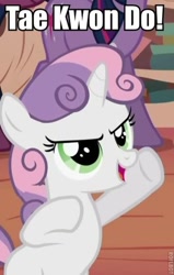 Size: 306x480 | Tagged: safe, derpibooru import, edit, edited screencap, screencap, sweetie belle, badass, badass adorable, caption, cute, diasweetes, image macro, karate, meme, taekwondo