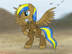 Size: 3961x3000 | Tagged: safe, artist:orang111, derpibooru import, oc, oc only, oc:rack redstar, pegasus, pony, afghanistan, airborne, bipedal, clothes, desert, helicopter, military, military uniform, mountain, requested art, solo, soviet, soviet pony, soviet russia, soviet union, uniform