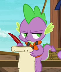 Size: 357x426 | Tagged: safe, derpibooru import, screencap, spike, dragon, ppov, lifejacket, quill, scroll, solo, unamused