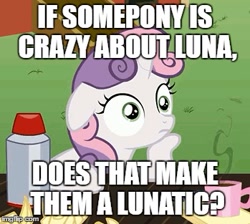 Size: 349x313 | Tagged: safe, derpibooru import, sweetie belle, pony, unicorn, exploitable meme, female, filly, horn, image macro, meme, pondering, pun, solo, sudden clarity sweetie belle, text, thinking, two toned mane, white coat, wide eyes