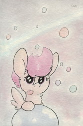 Size: 688x1036 | Tagged: safe, artist:slightlyshade, derpibooru import, scootaloo, solo, tongue out, traditional art