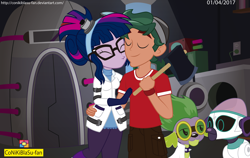 Size: 3718x2356 | Tagged: safe, artist:conikiblasu-fan, sci-twi, spike, spike the regular dog, timber spruce, twilight sparkle, dog, robot, eqg summertime shorts, equestria girls, mad twience, axe, clothes, cute, eyes closed, female, high res, male, robot dog, shipping, straight, timbertwi, weapon