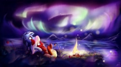 Size: 3612x2014 | Tagged: safe, artist:freeedon, derpibooru import, oc, oc only, pony, unicorn, aurora borealis, color porn, fire, scenery