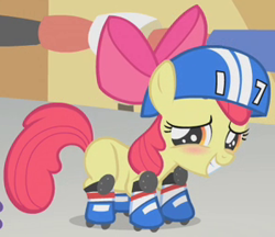 Size: 298x258 | Tagged: safe, derpibooru import, screencap, apple bloom, pony, call of the cutie, helmet, outfit catalog, roller derby, roller skates, solo