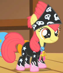 Size: 360x414 | Tagged: safe, derpibooru import, screencap, apple bloom, pony, the show stoppers, bandana, clothes, cropped, outfit catalog, show stopper outfits, solo