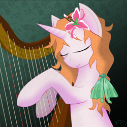 Size: 1600x1600 | Tagged: safe, artist:deathaura40s, derpibooru import, oc, oc only, flower, flower in hair, harp, musical instrument, solo