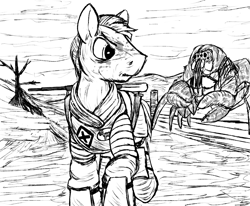 Size: 1200x991 | Tagged: safe, artist:thebathwaterhero, derpibooru import, oc, oc only, fallout equestria, monochrome