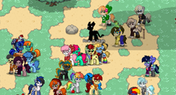 Size: 865x467 | Tagged: safe, oc, oc only, oc:blank space, oc:cherry cerise, oc:debra rose, oc:meno, oc:minty split, oc:prisma watercolor, oc:purple flix, pony, clothes, pony town, rainbow hair