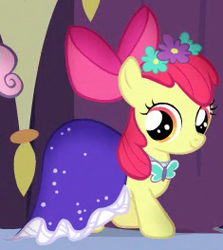 Size: 235x263 | Tagged: safe, derpibooru import, screencap, apple bloom, earth pony, pony, simple ways, adorabloom, bow, clothes, cropped, cute, dress, female, filly, hair bow, outfit catalog, smiling, solo