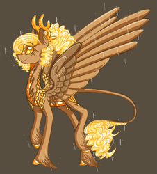 Size: 927x1027 | Tagged: safe, artist:australian-senior, derpibooru import, oc, oc only, oc:delly invictus, alicorn, dracony, hybrid, kirin, pony, alternate universe, antlers, brown background, colored hooves, colored sclera, crossover, curiosity core, golden eyes, kirindos, leonine tail, ponified, portal, portal (valve), portal 2, scales, simple background, solo, unshorn fetlocks