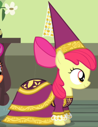 Size: 428x551 | Tagged: safe, derpibooru import, screencap, apple bloom, scootaloo, pony, for whom the sweetie belle toils, clothes, dress, hennin, outfit catalog