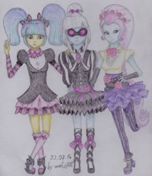 Size: 1038x1200 | Tagged: safe, artist:marta4708, derpibooru import, photo finish, pixel pizazz, violet blurr, equestria girls, the snapshots, traditional art