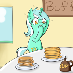 Size: 1000x1000 | Tagged: safe, artist:yakoshi, derpibooru import, lyra heartstrings, pony, unicorn, atg 2016, bipedal, biting, choice, food, hoof biting, indecision, nervous, newbie artist training grounds, pancakes, solo, syrup, waffle