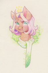 Size: 853x1280 | Tagged: safe, artist:cassiel, derpibooru import, oc, oc only, pony, unicorn, bust, clothes, crown, curved horn, jewelry, portrait, regalia, scarf, solo, traditional art