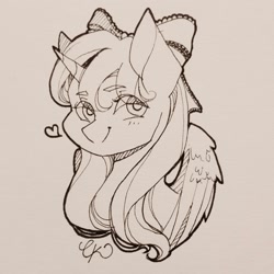 Size: 1280x1279 | Tagged: safe, artist:cassiel, derpibooru import, oc, oc only, alicorn, pony, alicorn oc, bust, heart, horn, lineart, monochrome, portrait, signature, smiling, solo, traditional art, wings