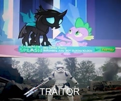 Size: 1269x1056 | Tagged: safe, derpibooru import, spike, thorax, changeling, dragon, the times they are a changeling, fn-2199, meme, spoilers for another series, star wars, star wars: the force awakens, stormtrooper, tr-8r, traitor