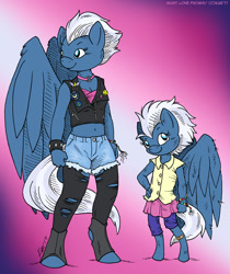 Size: 924x1100 | Tagged: safe, artist:kaemantis, night glider, anthro, pegasus, unguligrade anthro, belly button, breasts, cleavage, clothes, cute, female, filly, mare, midriff, self paradox, self ponidox, shorts, skirt