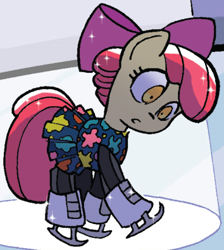 Size: 354x395 | Tagged: safe, derpibooru import, idw, apple bloom, friends forever, spoiler:comic, spoiler:comicff2, figure skating, ice skates, outfit catalog, solo