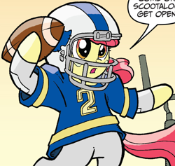 Size: 720x682 | Tagged: safe, derpibooru import, idw, apple bloom, friends forever, spoiler:comic, spoiler:comicff2, american football, football helmet, gradient background, helmet, open mouth, outfit catalog, solo