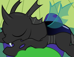 Size: 3300x2550 | Tagged: safe, artist:badumsquish, derpibooru exclusive, changeling, human, ambiguous gender, content, cute, cuteling, duo, fangs, human on changeling snuggling, lap, offscreen character, pov, sitting on lap, sleeping, smiling