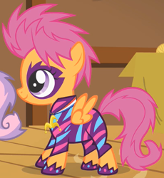 Size: 402x437 | Tagged: safe, derpibooru import, screencap, scootaloo, sweetie belle, pony, the show stoppers, clothes, cropped, face paint, outfit catalog, show stopper outfits, solo focus