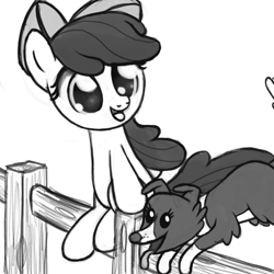 Size: 800x800 | Tagged: safe, artist:nimaru, derpibooru import, apple bloom, winona, dog, pony, cute, fence, grayscale, monochrome