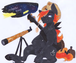 Size: 463x384 | Tagged: safe, artist:frozensoulpony, derpibooru import, oc, oc only, oc:arkansas black, guitar, offspring, parent:applejack, parent:jet set, parents:applejet, solo, telescope