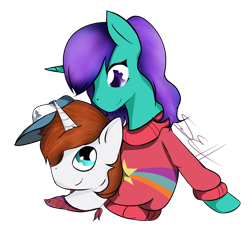 Size: 2928x2849 | Tagged: safe, artist:saraeh, derpibooru import, oc, oc only, oc:aqualuna sea splash, oc:watcher, sibling bonding, sibling shenanigans, siblings