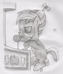 Size: 1464x1712 | Tagged: safe, artist:perplexedpegasus, derpibooru import, button mash, arcade, gaming, monochrome, pencil drawing, solo, tongue out, traditional art