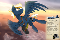 Size: 2700x1800 | Tagged: safe, artist:dangercloseart, derpibooru import, oc, oc only, oc:corsair, flying, solo, weapon