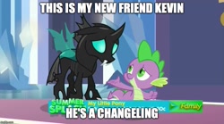 Size: 899x500 | Tagged: safe, derpibooru import, edit, edited screencap, screencap, spike, thorax, changeling, dragon, the times they are a changeling, caption, image macro, meme