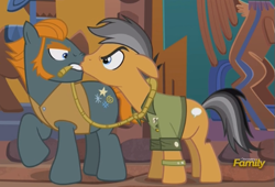 Size: 533x363 | Tagged: safe, derpibooru import, screencap, quibble pants, rogue (character), earth pony, pony, stranger than fan fiction, henchmen, male, mouth hold, out of context, rope, stallion, stockholm syndrome