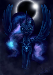 Size: 1024x1448 | Tagged: safe, artist:spectrumblaze, derpibooru import, nightmare moon, eclipse, grin, looking at you, smiling, solar eclipse, solo, spread wings