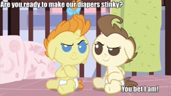 Size: 853x480 | Tagged: safe, derpibooru import, edit, edited screencap, screencap, pound cake, pumpkin cake, a friend in deed, cake twins, diaper, duo, image macro, inverted mouth, looking at each other, meme, siblings, twins