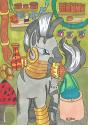 Size: 752x1063 | Tagged: safe, artist:breakneckviolet, derpibooru import, zecora, zebra, jug, mirror, mouth hold, potion, solo, vase