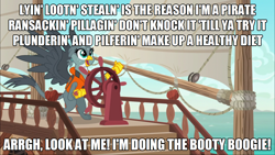Size: 1280x720 | Tagged: safe, derpibooru import, edit, edited screencap, screencap, gabby, griffon, the fault in our cutie marks, boat, caption, donkey kong country, exploitable meme, gabby's shanty, image macro, lifejacket, meme, ocean, song reference