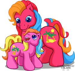 Size: 1099x1031 | Tagged: safe, artist:anscathmarcach, derpibooru import, g1, g3, baby hula lula, family, g1 to g3, generation leap, hula hula (g1 uk), piña colada (g1), tropical ponies