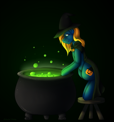 Size: 4463x4778 | Tagged: safe, artist:celestialoddity, derpibooru import, oc, oc only, oc:masquerade, absurd resolution, brew, cauldron, cloak, clothes, hat, jack-o-lantern, solo, witch, witch hat