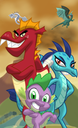 Size: 1200x1964 | Tagged: safe, artist:cheezedoodle96, artist:theroyalprincesses, derpibooru import, garble, princess ember, spike, dragon, gauntlet of fire, crossed arms, flying, looking at you, open mouth, show accurate