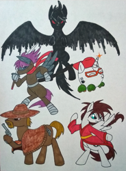 Size: 753x1021 | Tagged: safe, artist:gothamscarecrow, derpibooru import, demon pony, robot, cowboy, fanart, kung fu, live a live, ninja, ponified, sundown kid, video game crossover