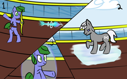 Size: 1280x800 | Tagged: safe, artist:saria the frost mage, derpibooru import, oc, oc only, oc:clover patch, oc:silverwind (a foal's adventure), earth pony, pony, unicorn, a foal's adventure, aiming, angry, arrow, belt, bow (weapon), bow and arrow, bubble, child, cutie mark, cyoa, female, fight, filly, firing, frown, horn, ice, knife, magic, ocean, one eye closed, pirate, pirate ship, railing, ship, shocked, sparring, story included, weapon, wood
