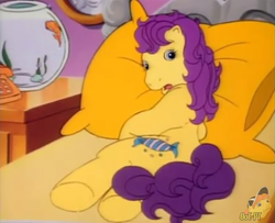 Size: 657x533 | Tagged: safe, derpibooru import, screencap, bon bon (g1), earth pony, pony, g1, my little pony tales, bed, female, fishbowl, goldfish, lying down, mare, out of context, pillow, underhoof