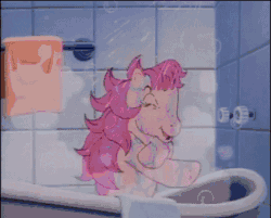 Size: 432x348 | Tagged: safe, derpibooru import, screencap, patch (g1), g1, my little pony tales, adorasexy, animated, bath, bathing, bubble, cute, eyes closed, gif, loop, open mouth, shower, solo, towel