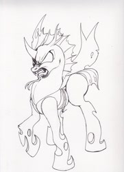 Size: 1692x2338 | Tagged: safe, artist:scribblepwn3, derpibooru import, thorax, changeling, the times they are a changeling, hissing, monochrome, pen drawing, solo, traditional art