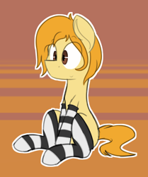 Size: 1800x2150 | Tagged: safe, artist:horseface, derpibooru import, oc, oc only, oc:q, clothes, sitting, smiling, socks, striped socks