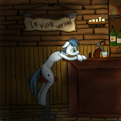 Size: 2500x2500 | Tagged: safe, artist:sulfur-flame, derpibooru import, oc, oc only, oc:sulfur-flame, alcohol, bar, beer, candle, dark, latin, solo, translated in the comments